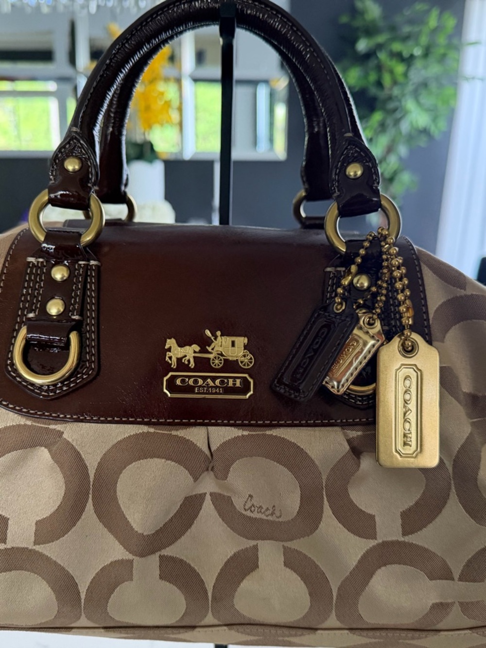 New Coach Madison Brown Leather & Tan Signature Satchel with Gold Hardware